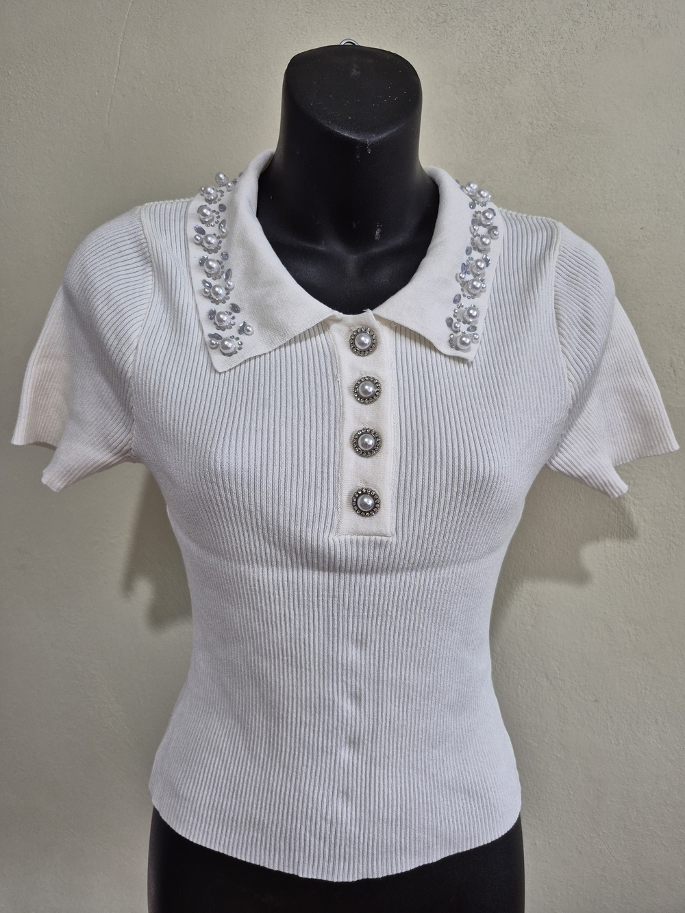 Embellished Polo Rib-Knit Top in Cream